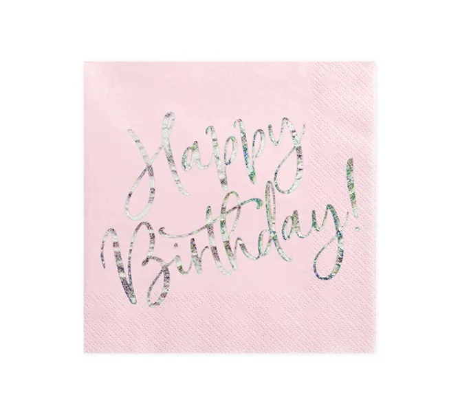 Rabatt Servetter "Happy Birthday" rosa/holografisk silver, 20-pack