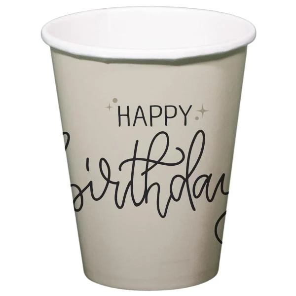 Billig Pappersmuggar Happy Birthday Krämvit/Svart 8-pack
