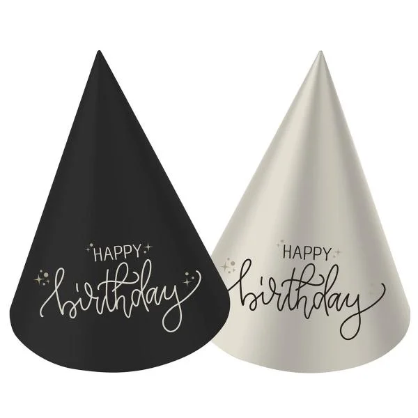 Partyhattar Happy Birthday Svart/Krämvit 6-pack Outlet