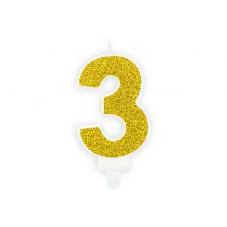 Kampanj 1 st Tårtljus Siffra 3 Guldglitter 7 cm