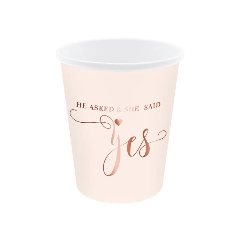 Lågt pris 6 st Pappersmuggar puderrosa 'He asked & She said yes' 220 ml
